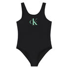 Girls Black Logo Swimsuit, 1, hi-res
