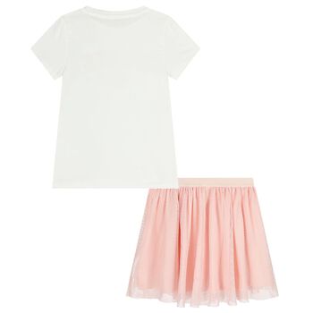 Girls White & Pink Logo Mesh Skirt Set 