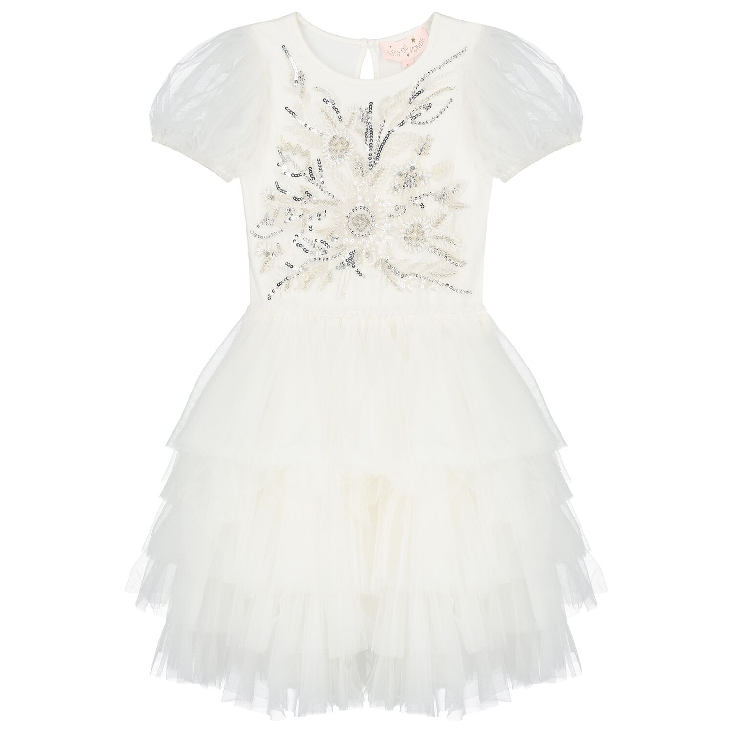 Girls White Embellished Tulle Dress, 1, hi-res