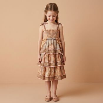 Girls Beige Paisley Tiered Ruffle Dress