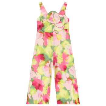 Girls Pink & Green Flower Satin Jumpsuit