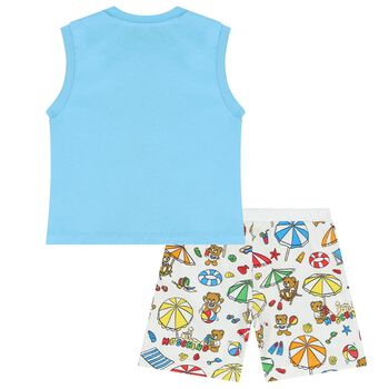 Blue & White Teddy Bear Logo Shorts Set