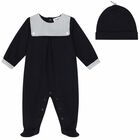Baby Boys Navy & White Logo Babygrow & Hat Set, 2, hi-res