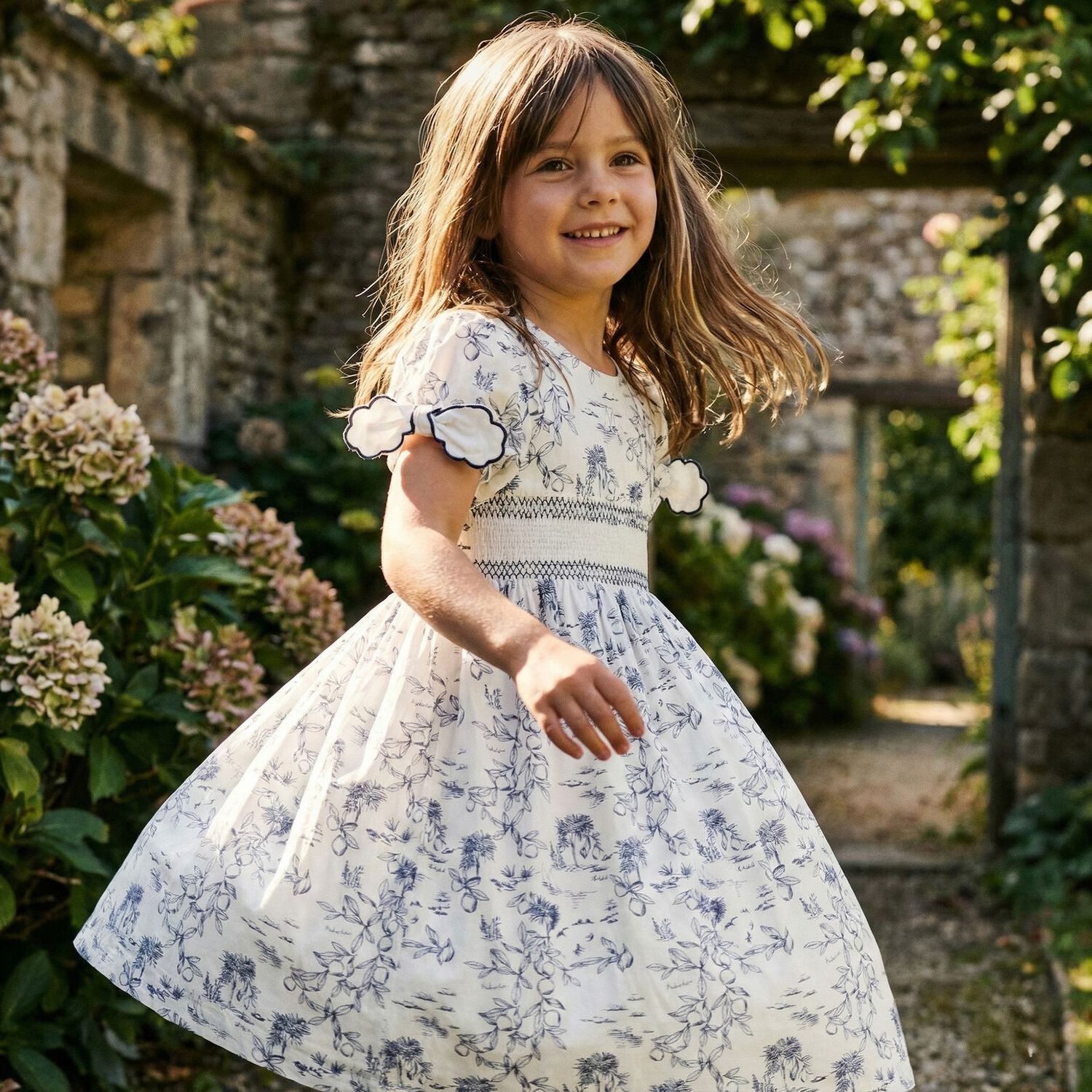 Girls White & Navy Blue Smocked Dress, 1, hi-res