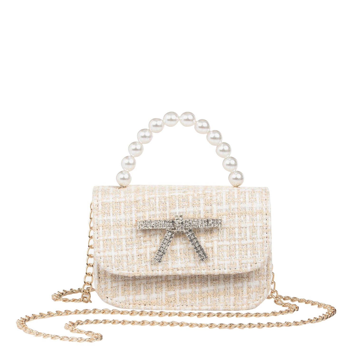 Girls Ivory & Beige Bow Handbag, 1, hi-res