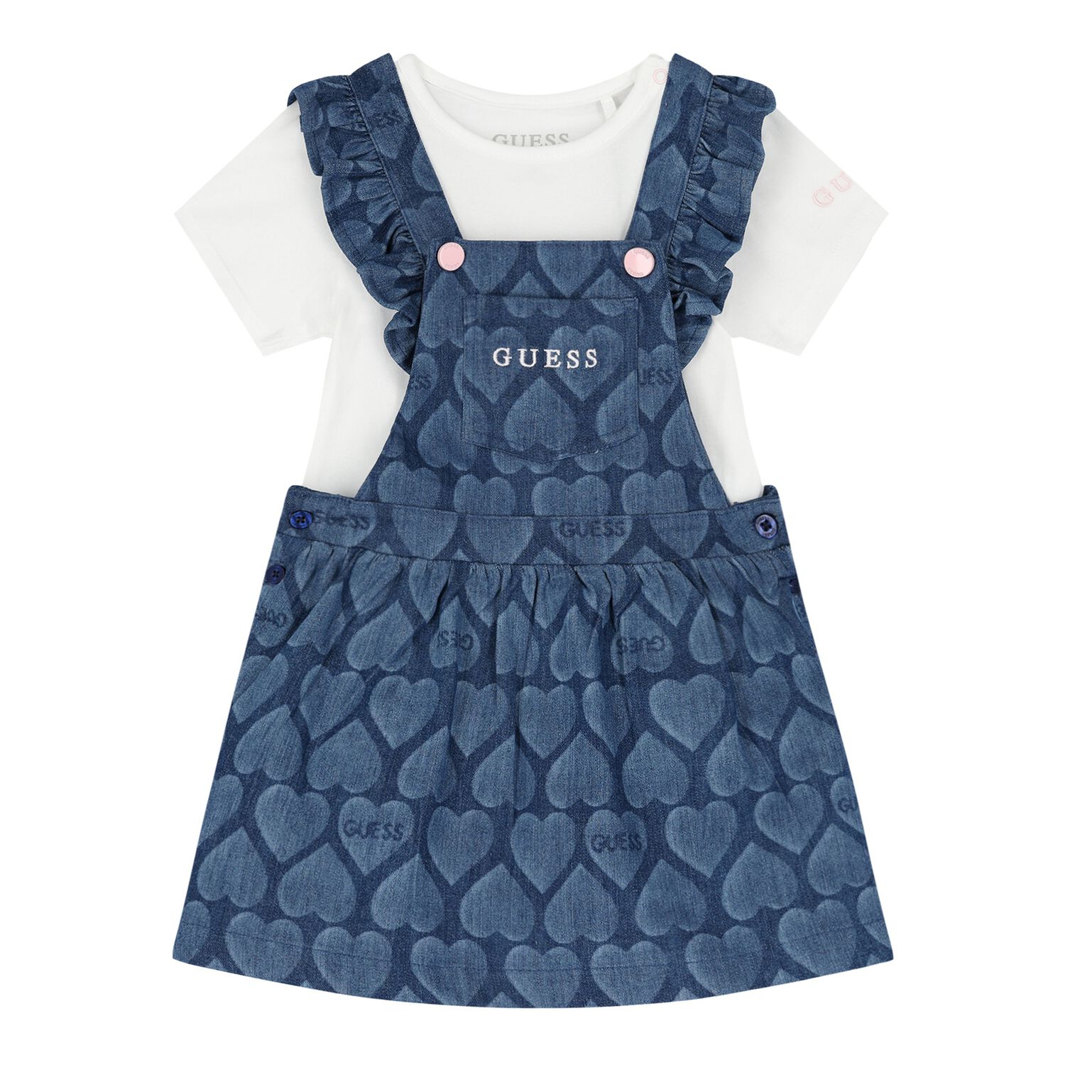 Younger Girls White & Denim Blue Logo Dungaree Set, 1, hi-res image number null