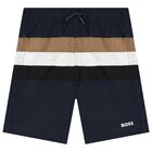 Boys Navy Blue Logo Swim Shorts, 1, hi-res