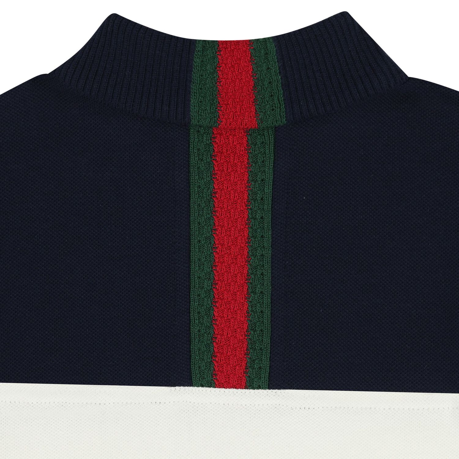 Younger Boys Ivory & Navy Blue Web Striped Polo Shirt, 1, hi-res
