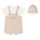 Baby Boys Beige & White Dungaree & Hat Set, 3, hi-res