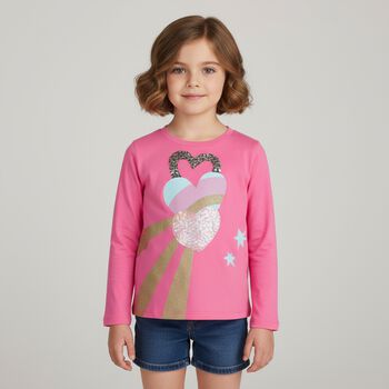 Girls Pink Logo Sequin Long Sleeve Top