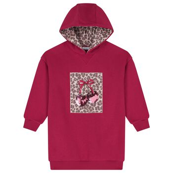 Girls Burgundy Embellished Cherry Hooded Sweatshirt Dress