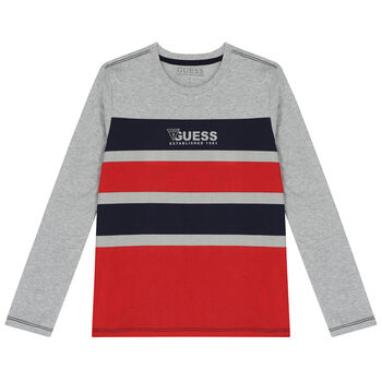 Boys Grey, Navy & Red Logo Long Sleeve Top