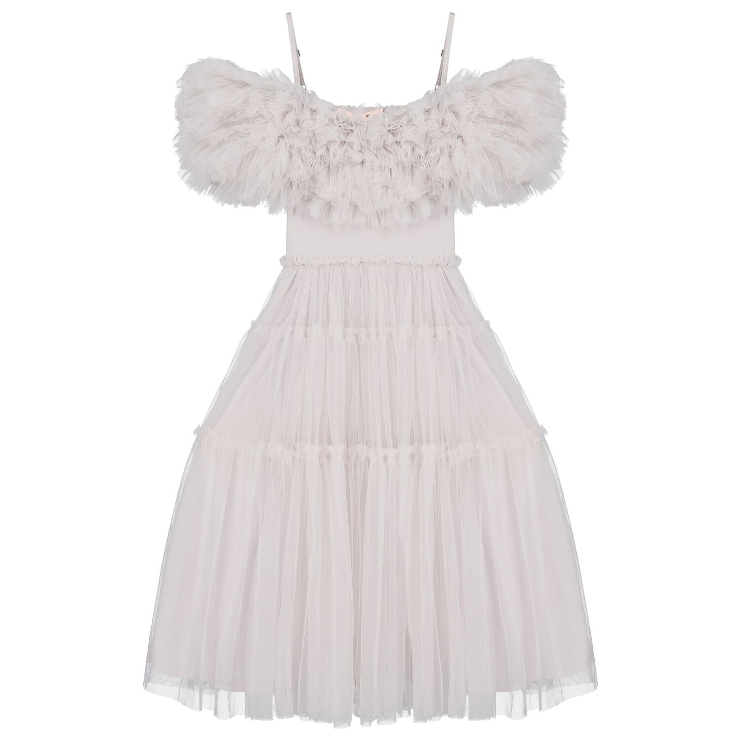Girls Grey Ruffled Tulle Dress, 1, hi-res
