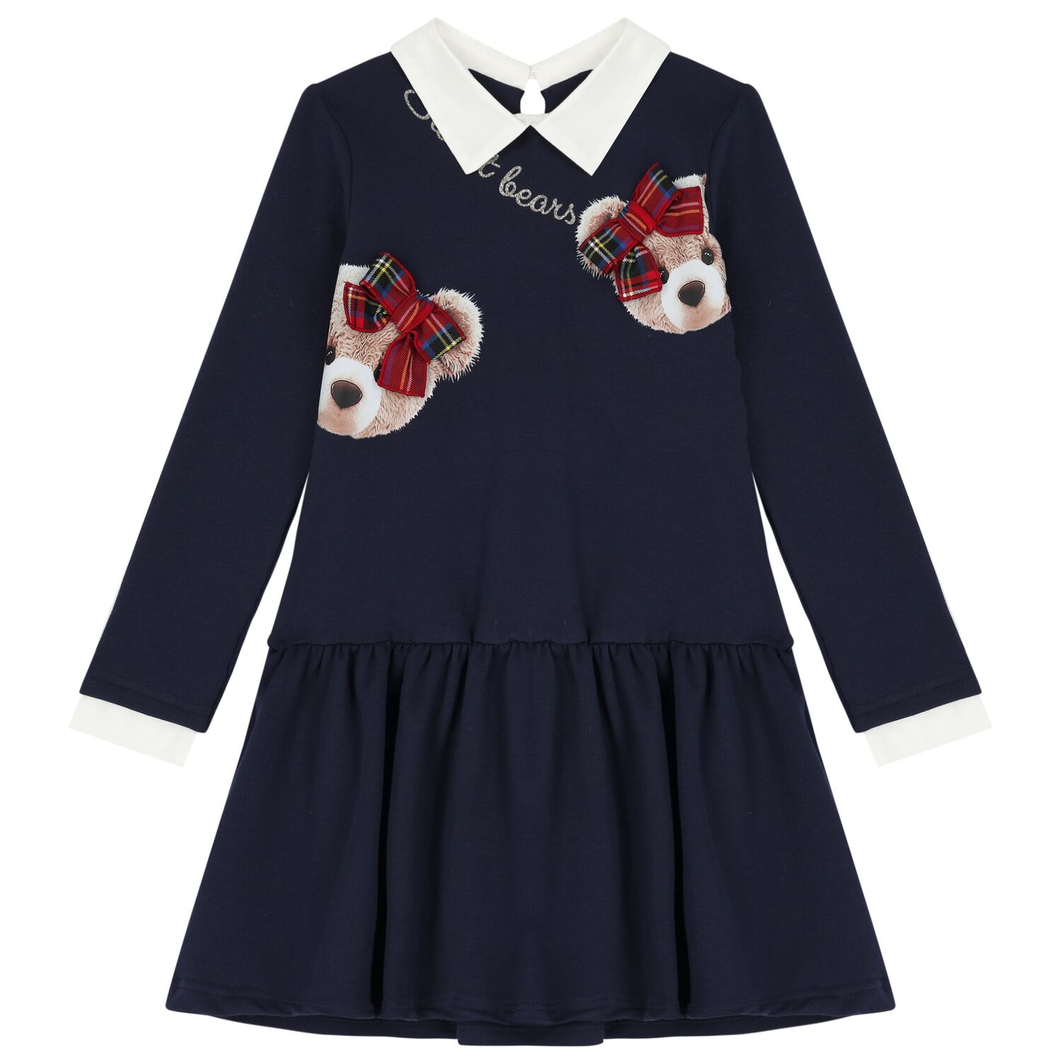 Girls Navy Blue Bow Dress, 2, hi-res