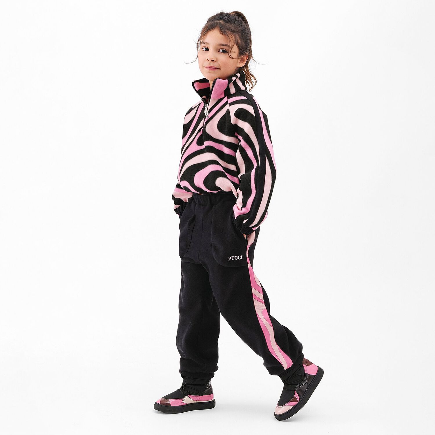 Girls Pink & Black Vortice Zip Up Top , 1, hi-res