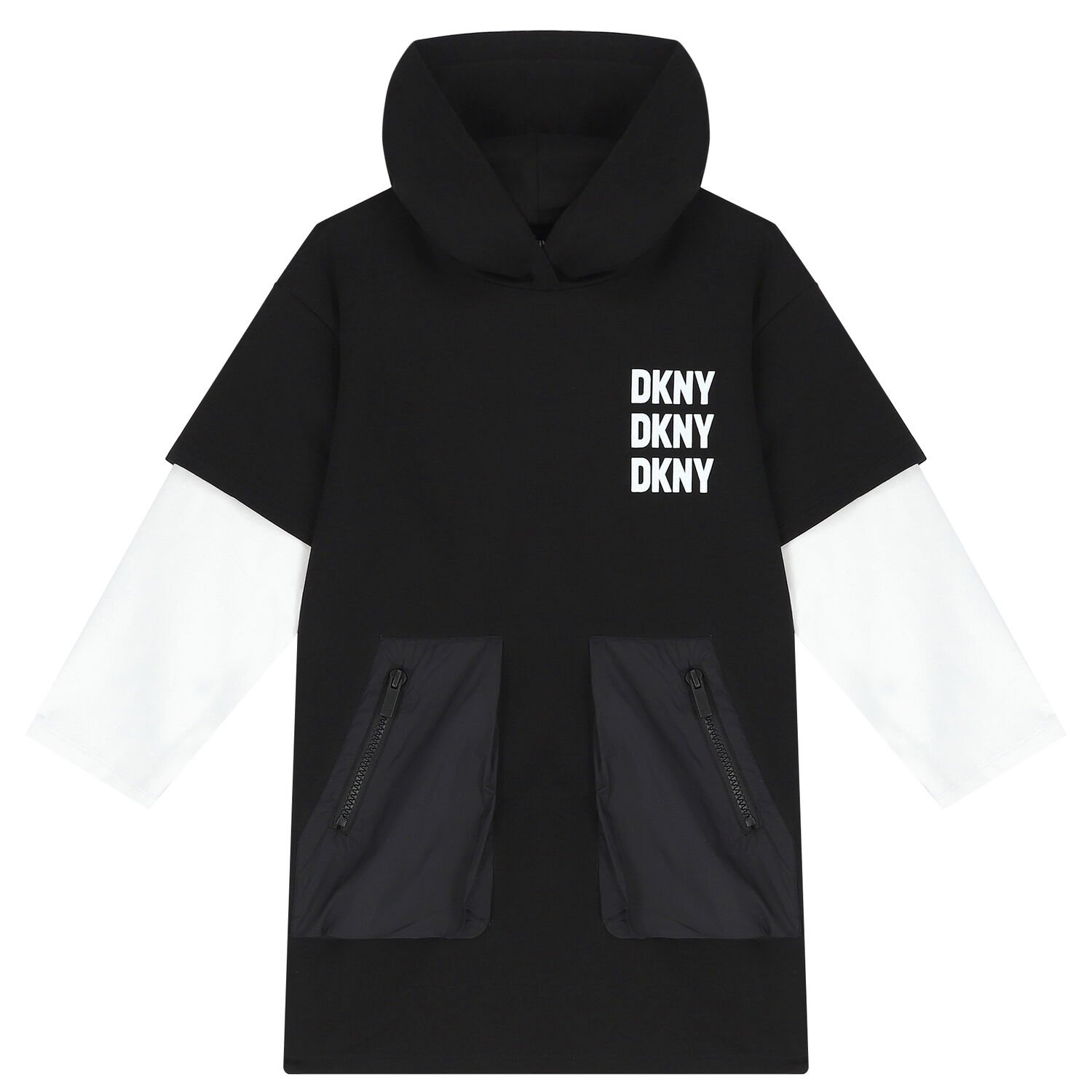 Girls Black Logo Hooded Dress, 1, hi-res