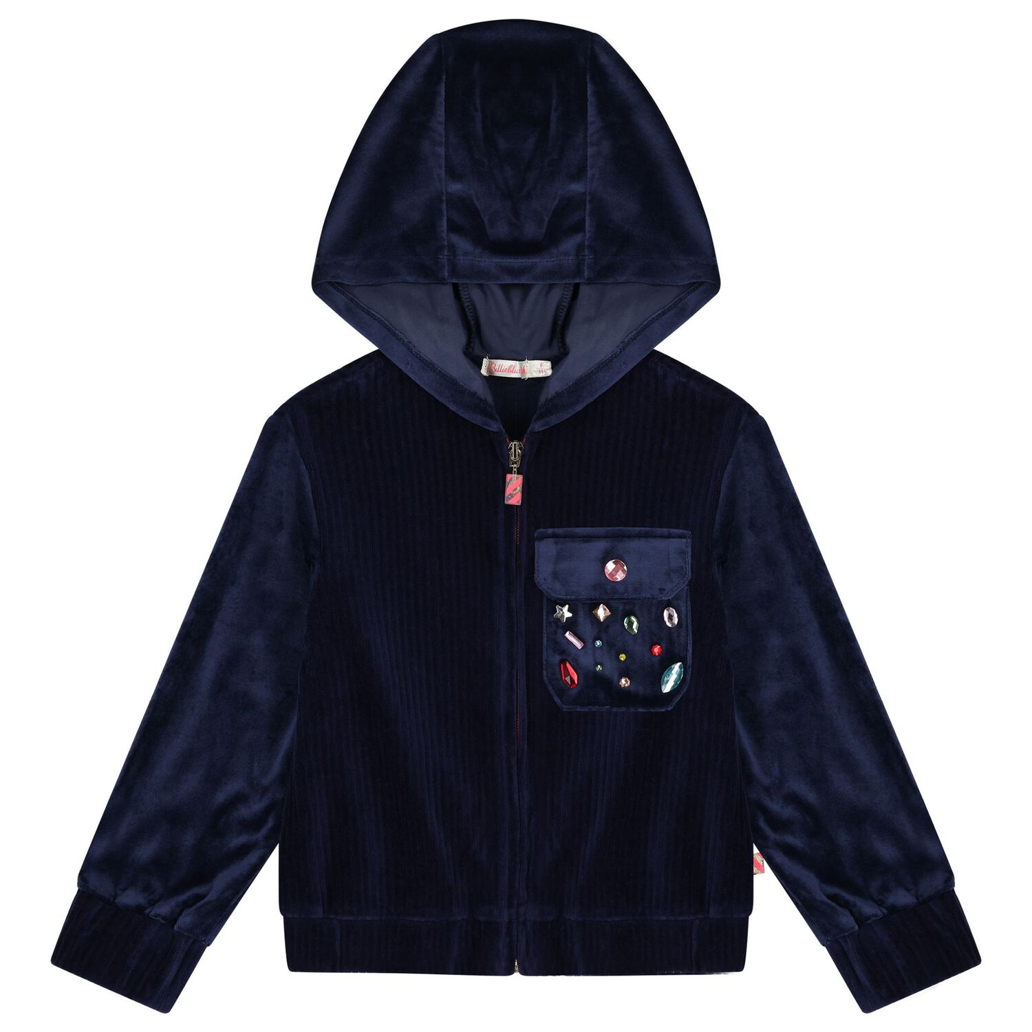 Girls Navy Blue Velvet Hooded Zip Up Top, 1, hi-res