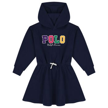 Girls Navy Blue Logo Hooded Dress