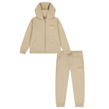 Boys Beige Logo Hooded Zip Up Top