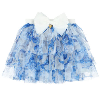 Girls White & Blue Floral Tulle Skirt