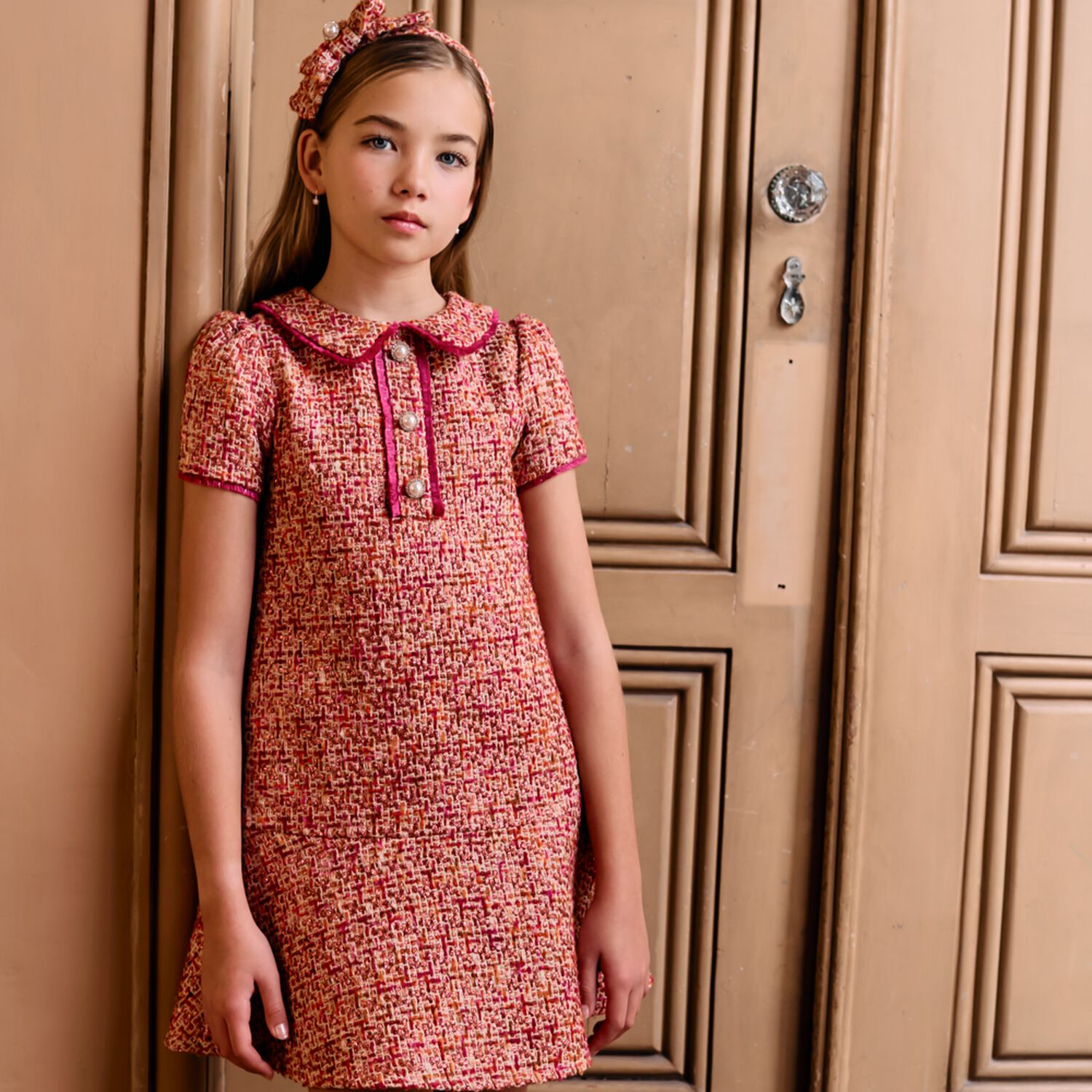 Girls Fuchsia Tweed Dress, 1, hi-res
