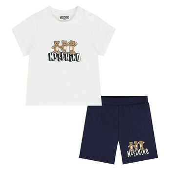 Younger White & Navy Blue Teddy Bear Shorts Set