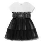 Girls White & Black Logo Tulle Dress, 4, hi-res