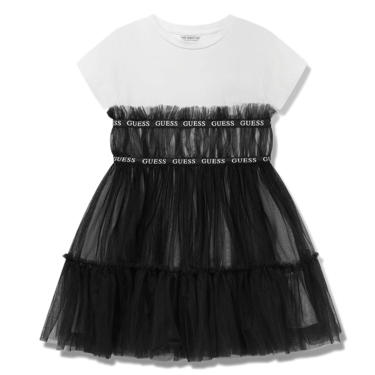 Girls White & Black Logo Tulle Dress, 4, hi-res
