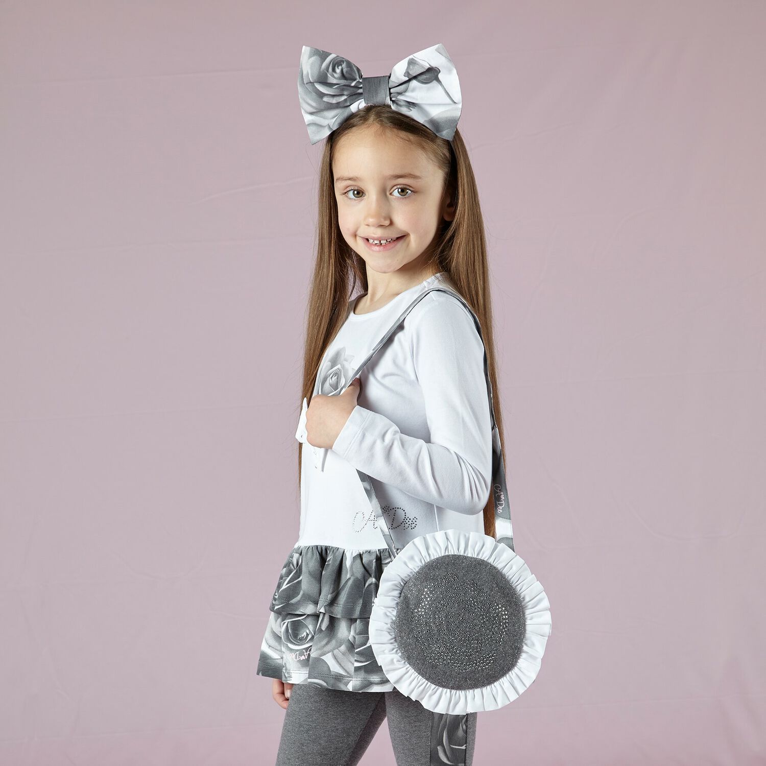 Girls Grey & White Rose Bag, 1, hi-res