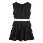 Girls Black Logo Pleated Satin Dress , 1, hi-res