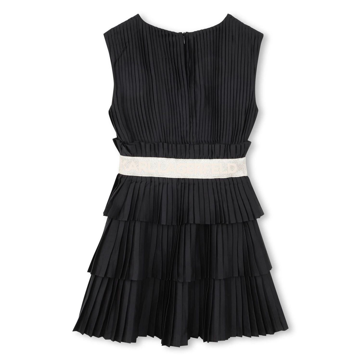 Girls Black Logo Pleated Satin Dress , 1, hi-res