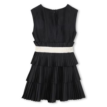 Girls Black Logo Pleated Satin Dress 