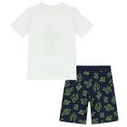 Boys White & Navy Blue Cactus Shorts Set, 1, hi-res
