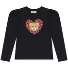 Girls Black Teddy Bear Long Sleeve Top, 2, hi-res
