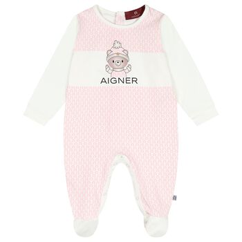 Baby Girls Ivory & Pink Teddy Bear Logo Babygrow
