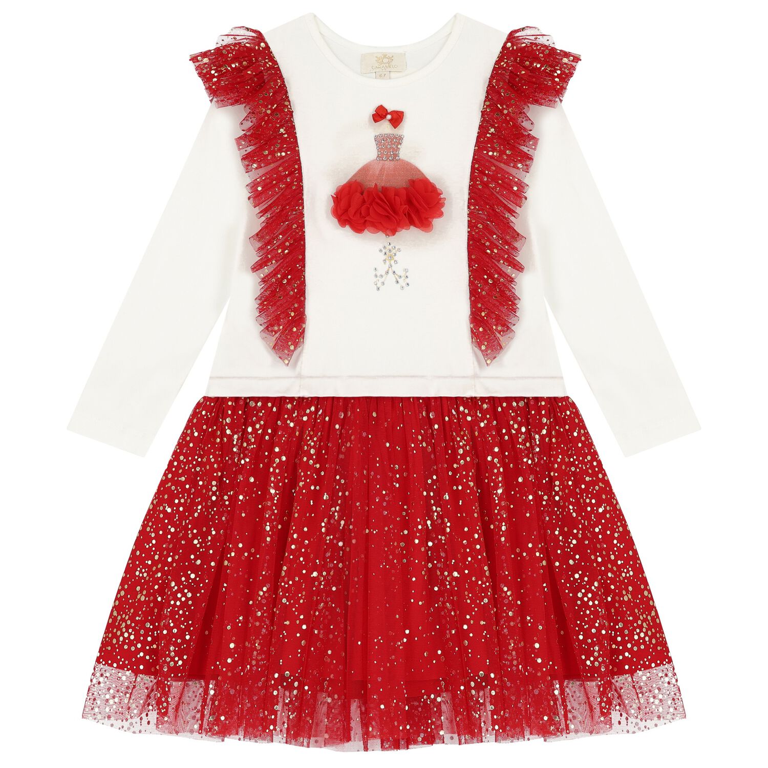 Girls White & Red Ruffle Tulle Dress, 2, hi-res