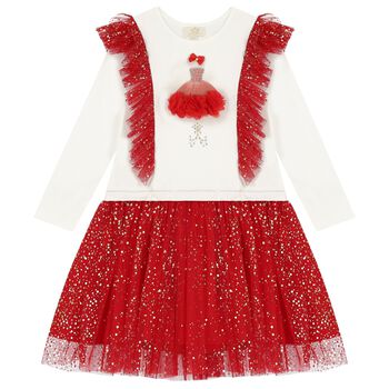 Girls White & Red Ruffle Tulle Dress