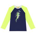 Boys Navy Blue & Neon Yellow Long Sleeve Rash Vest, 1, hi-res