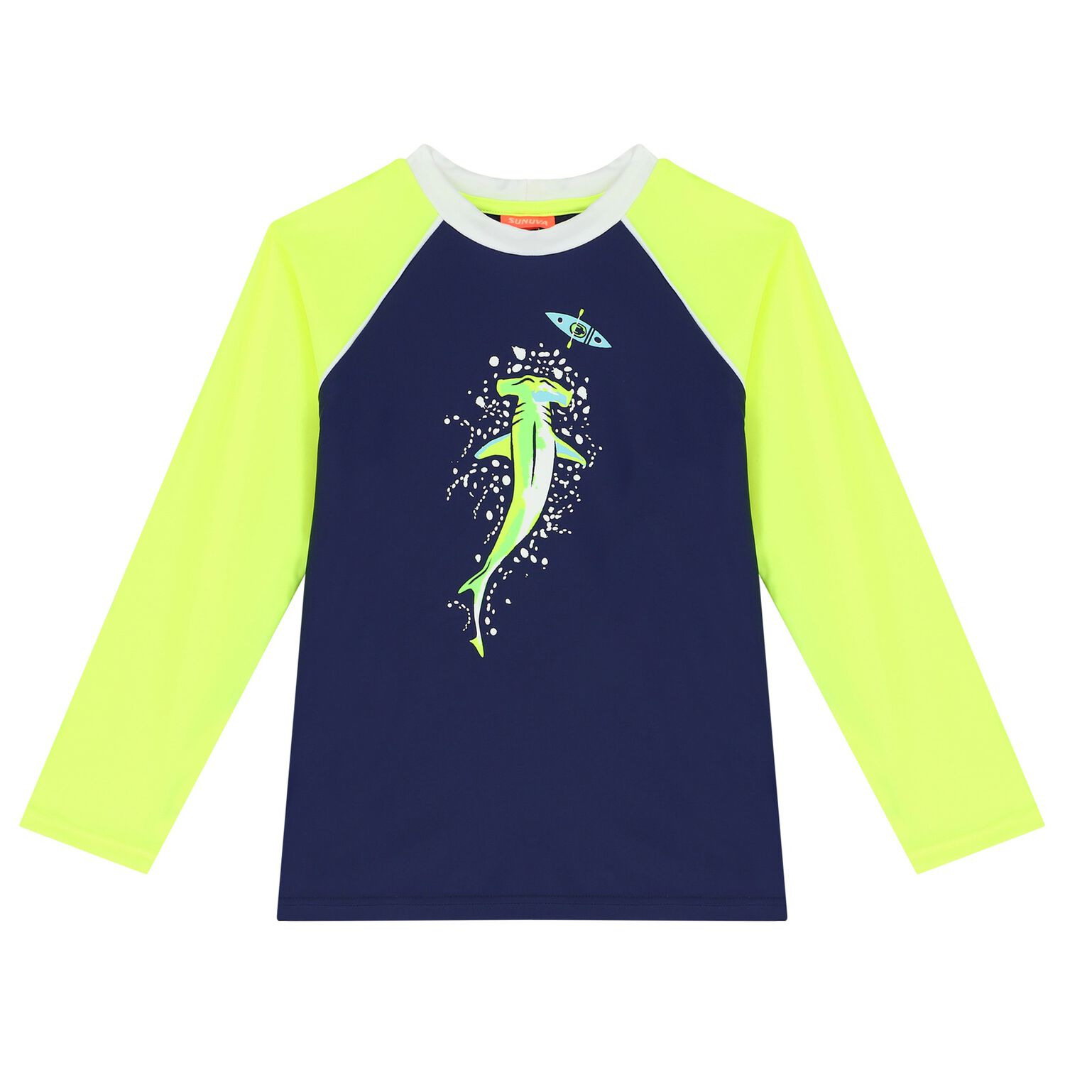 Boys Navy Blue & Neon Yellow Long Sleeve Rash Vest, 1, hi-res image number null