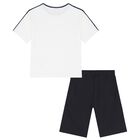Boys Ivory & Navy Blue Shorts Set, 1, hi-res