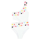 Girls White Pom-Pom Swimsuit, 1, hi-res