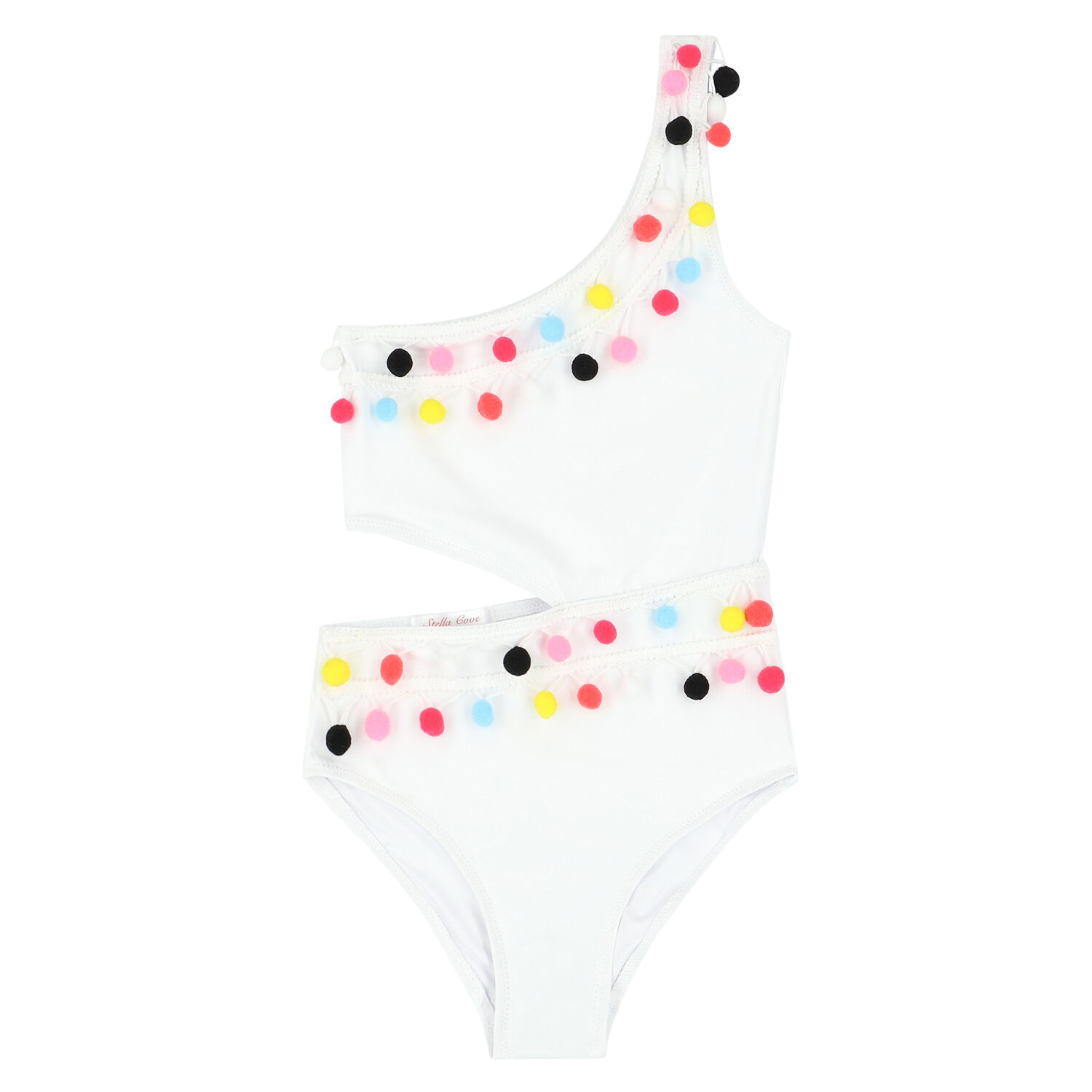 Girls White Pom-Pom Swimsuit, 1, hi-res