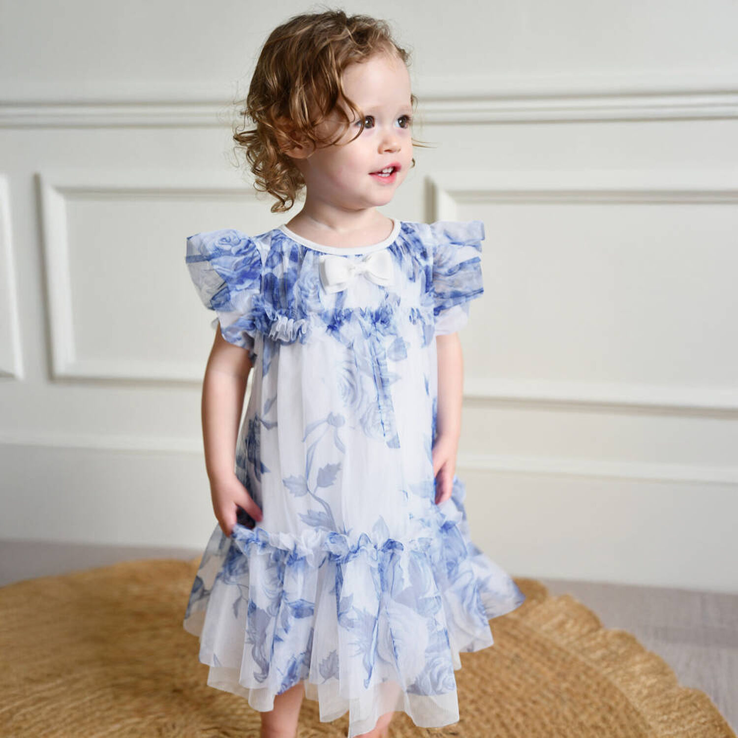 Baby Girls White & Blue Floral Tulle Dress, 1, hi-res image number null