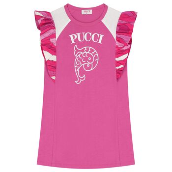 Girls Pink & White Logo Ruffled Dress
