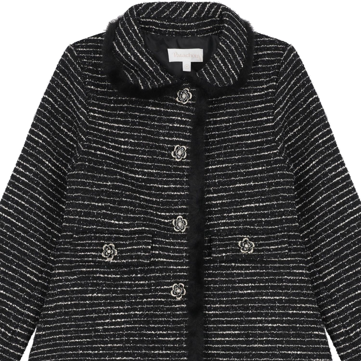 Girls Black Tweed Coat , 1, hi-res