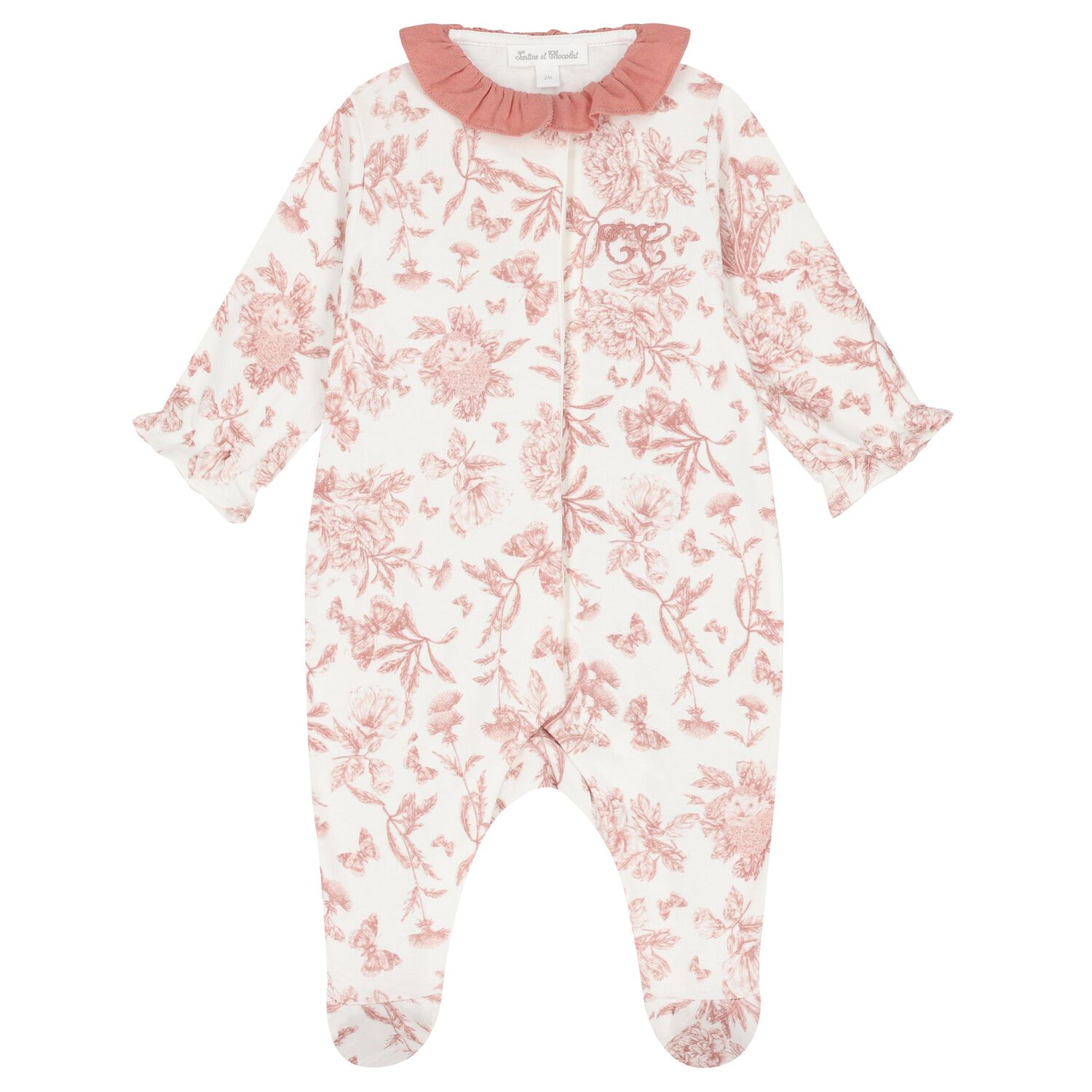 Baby Girls Pink & Ivory Toile De Jouy Babygrow, 1, hi-res image number null