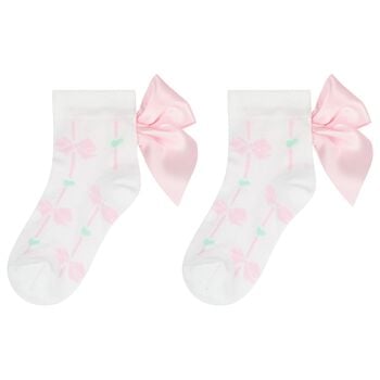 Girls White & Pink Satin Bow Socks