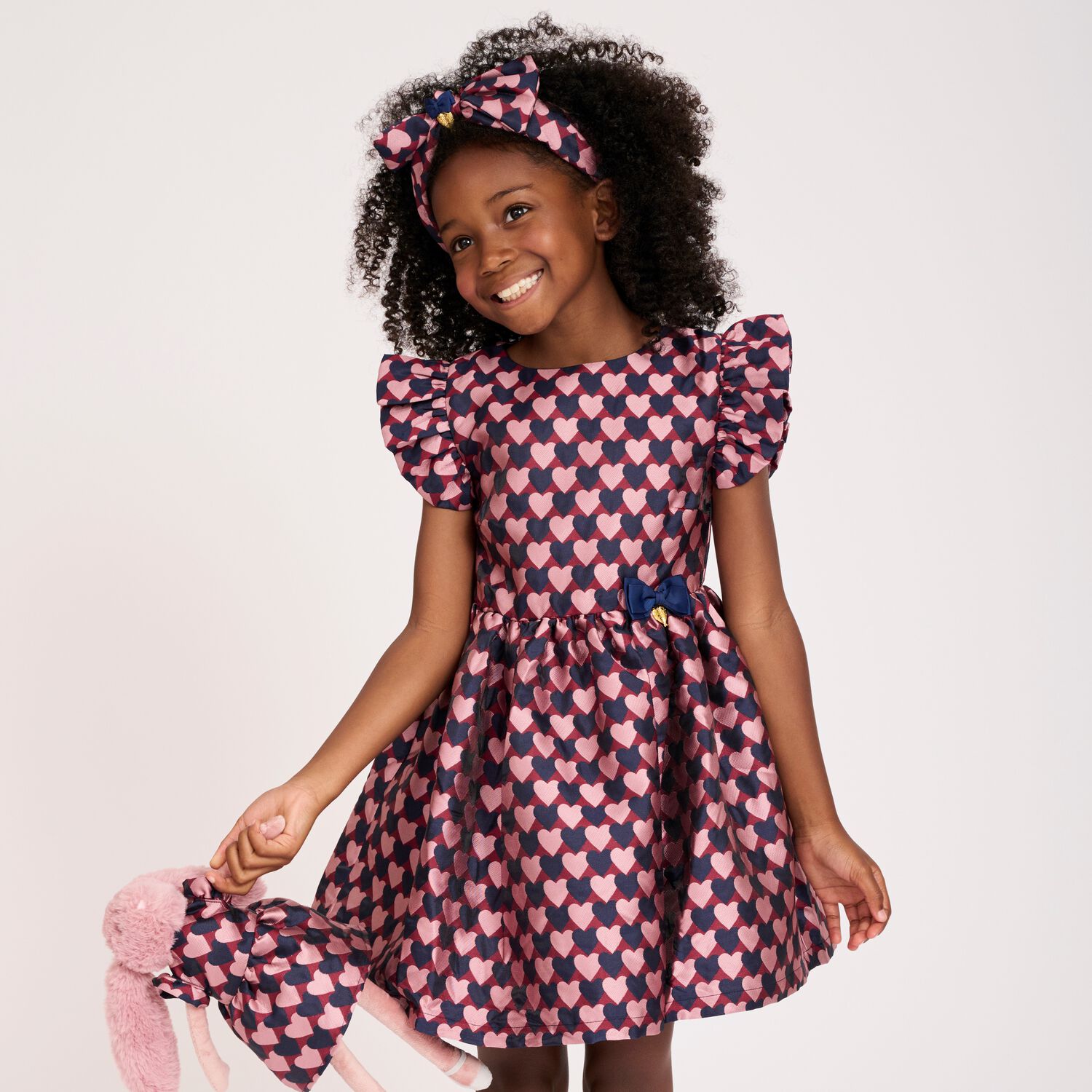 Girls Navy & Pink Heart Dress, 5, hi-res
