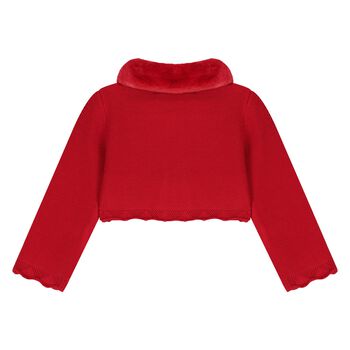 Younger Girls Red Faux Fur Collar Cardigan