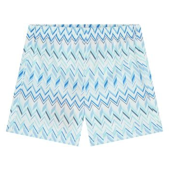 Younger Boys White & Blue Zig Zag Swim Shorts